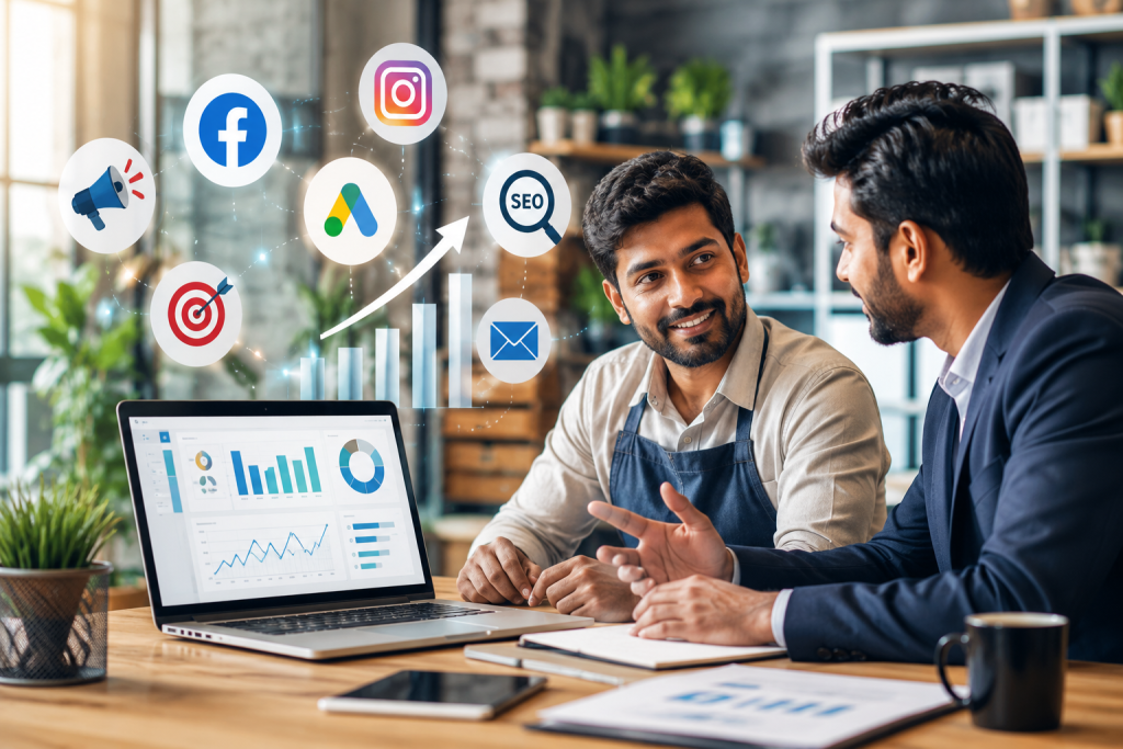Small business owner discussing digital marketing strategy with a marketing expert using analytics, SEO, social media, and online advertising tools to grow their business.