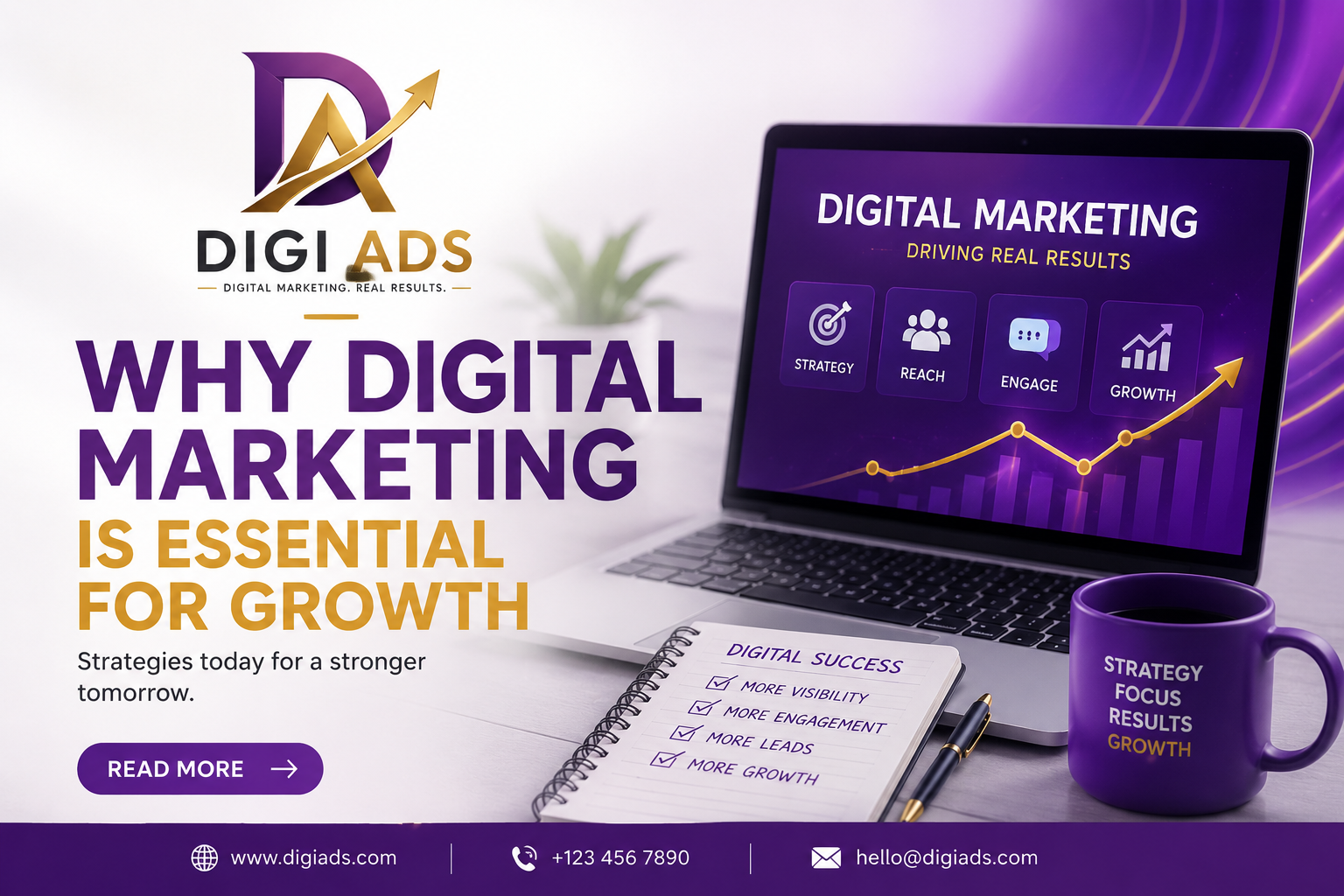 Digi Ads branded blog banner featuring a digital marketing workspace with analytics dashboard, growth charts, laptop, smartphone, and marketing tools representing business growth strategies.